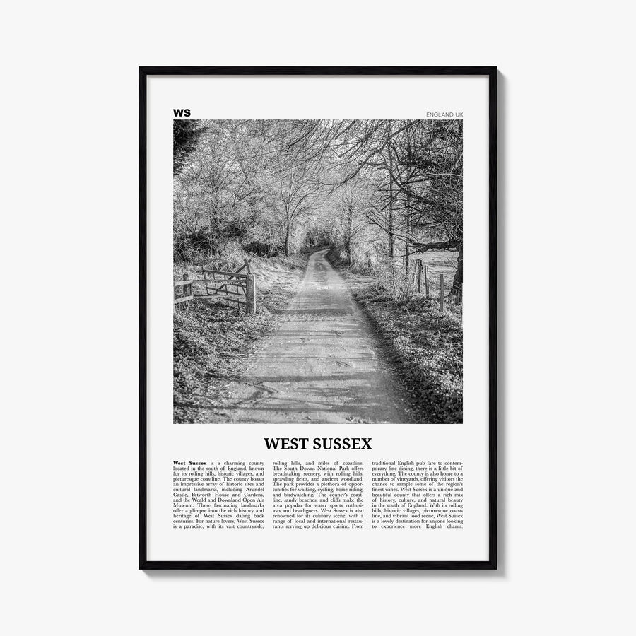 West Sussex black & white newspaper poster of United Kingdom – vertical wall art, unframed print shown in interior mockup