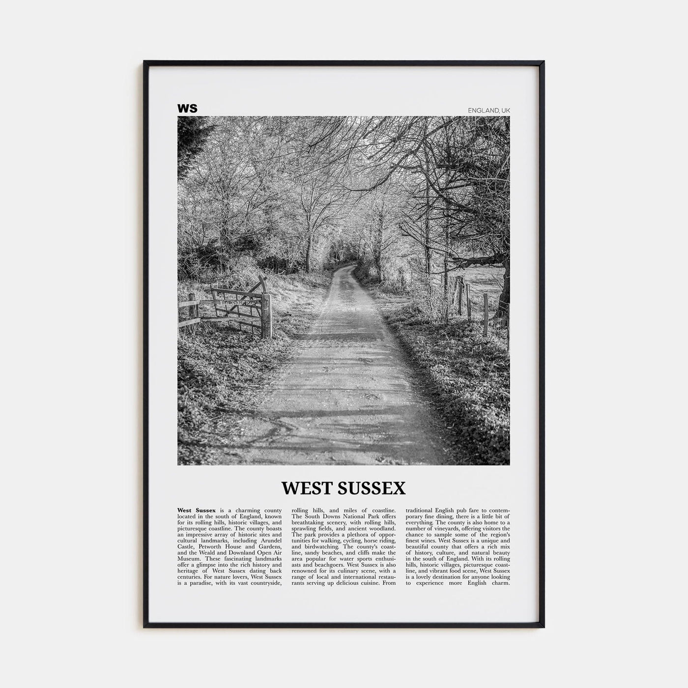 West Sussex Poster Black Metal / 8x12 in Nbourhood Travel B&W Poster