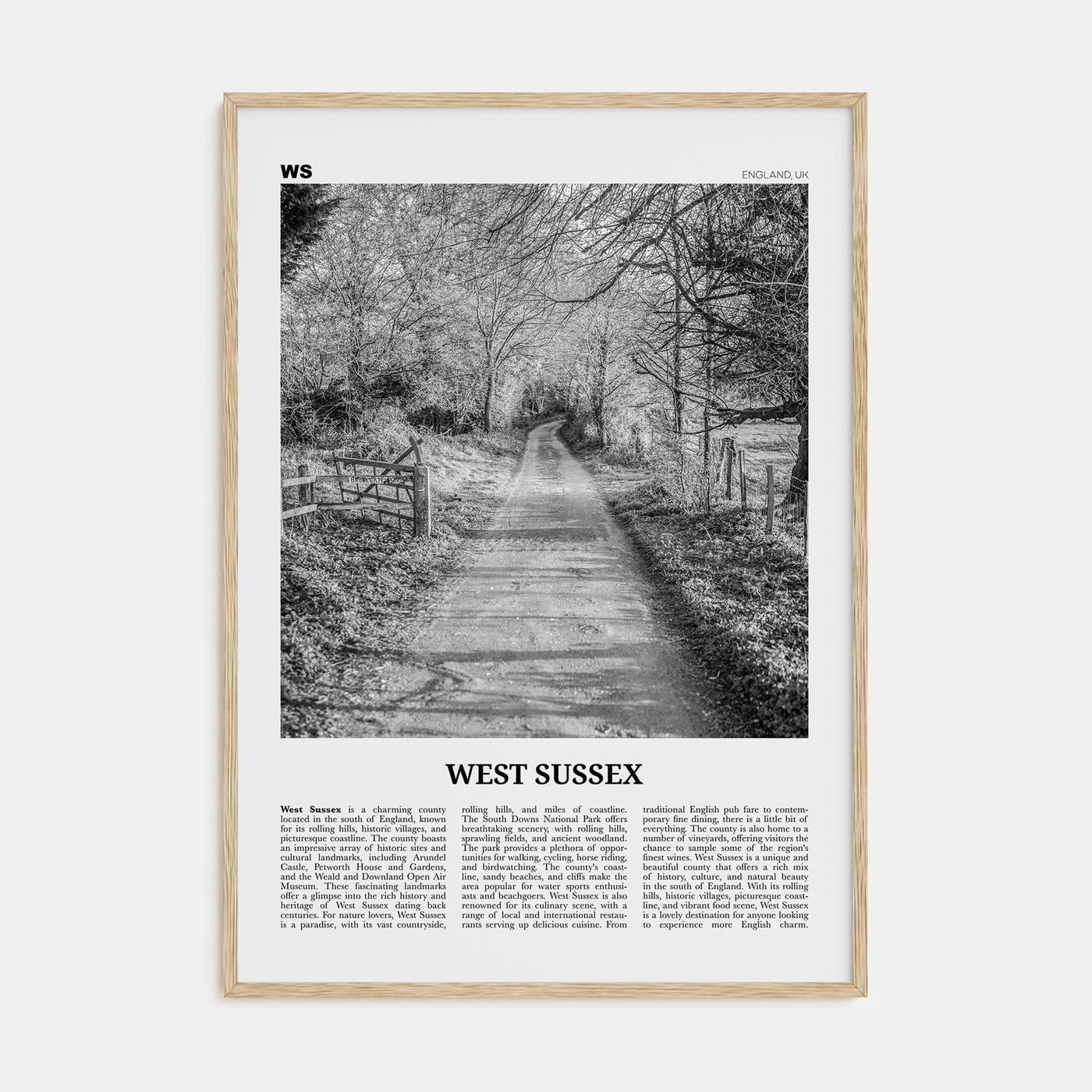 West Sussex Poster Natural Wood / 8x12 in Nbourhood Travel B&W Poster