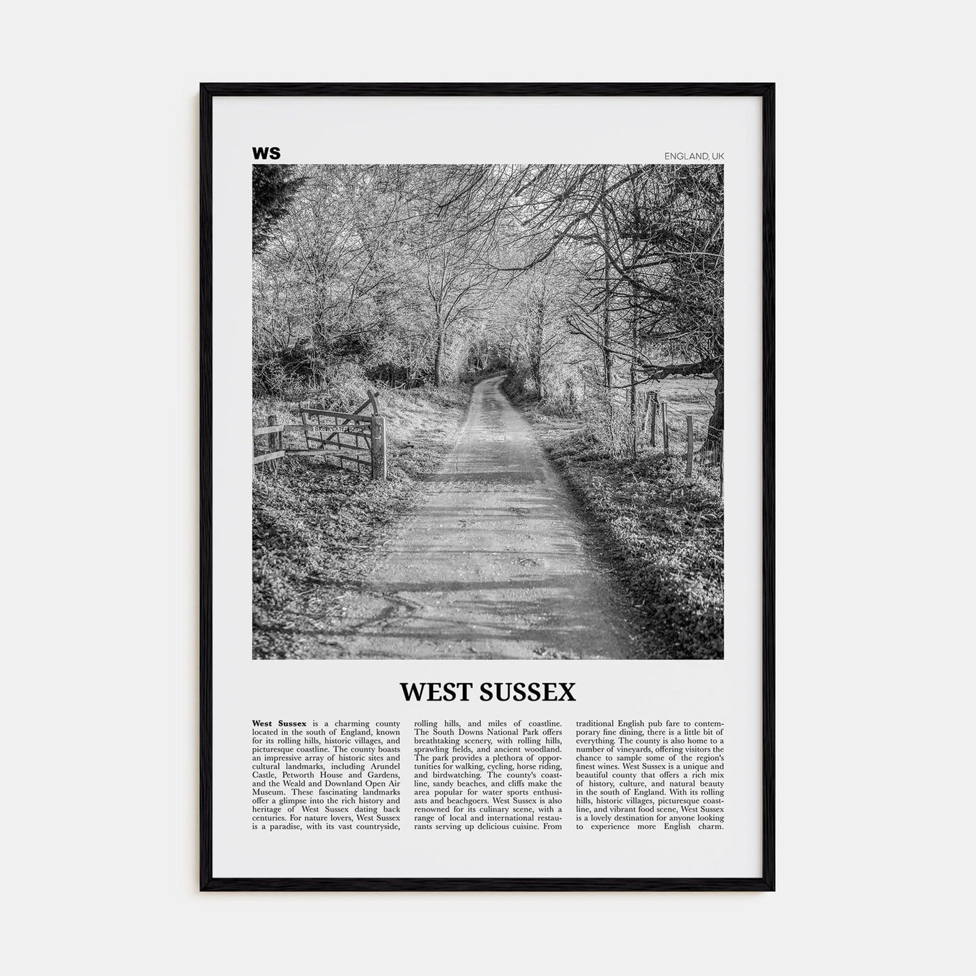 West Sussex Poster Black Wood / 8x12 in Nbourhood Travel B&W Poster
