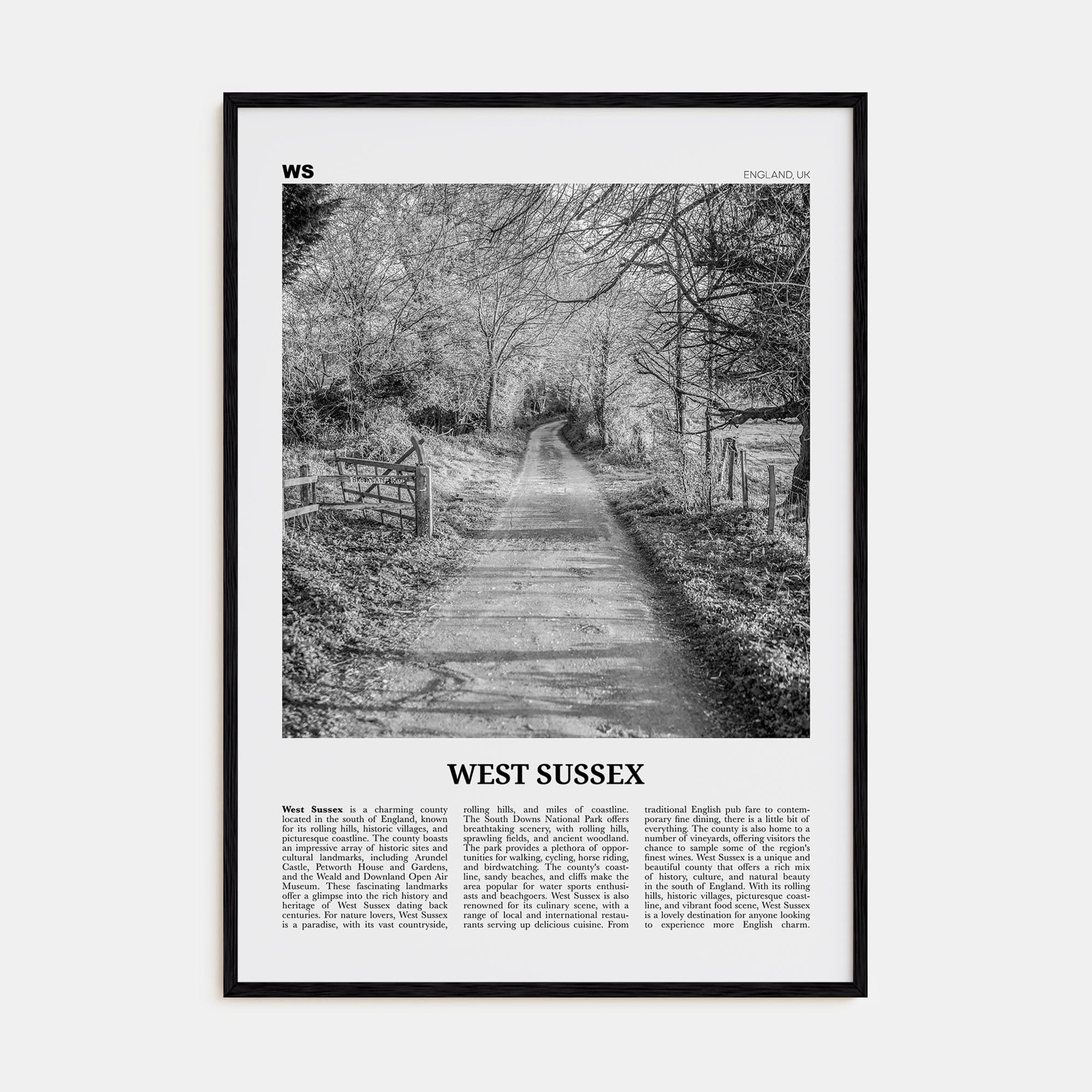 West Sussex Poster Black Wood / 8x12 in Nbourhood Travel B&W Poster