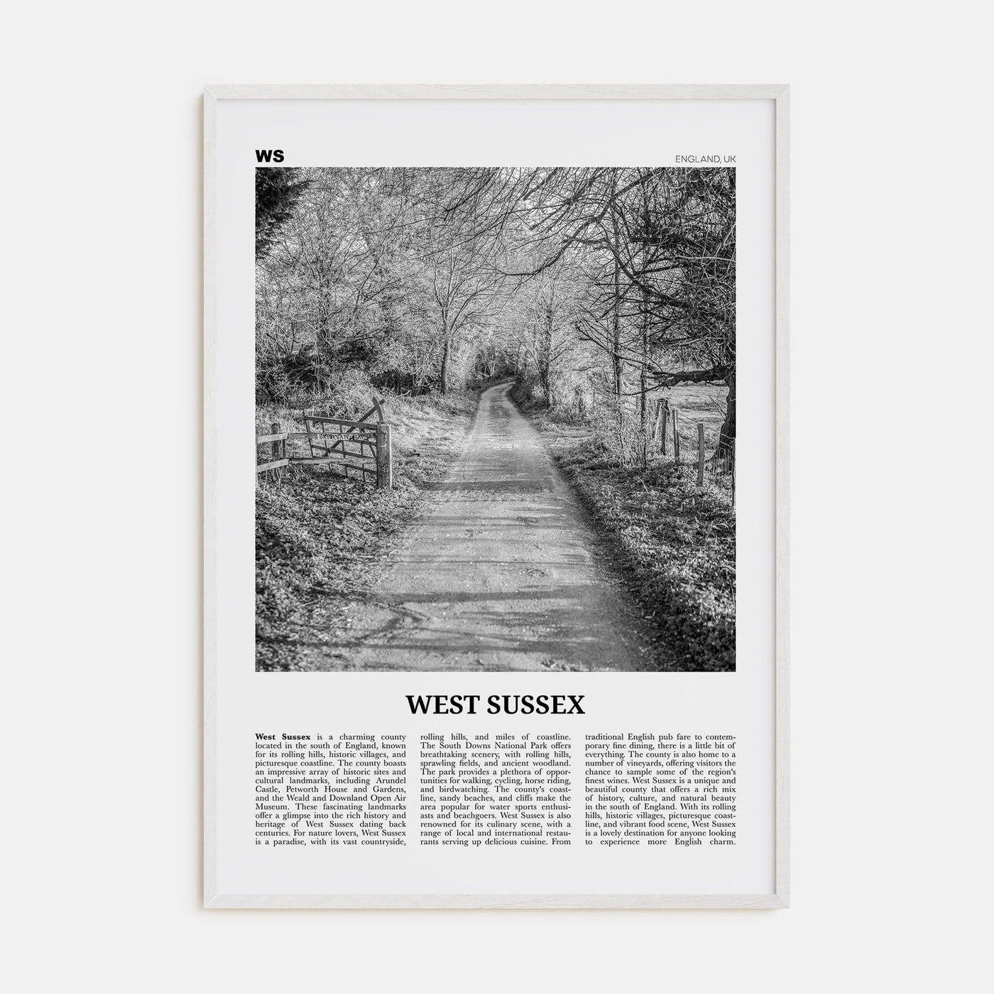 West Sussex Poster White Wood / 8x12 in Nbourhood Travel B&W Poster