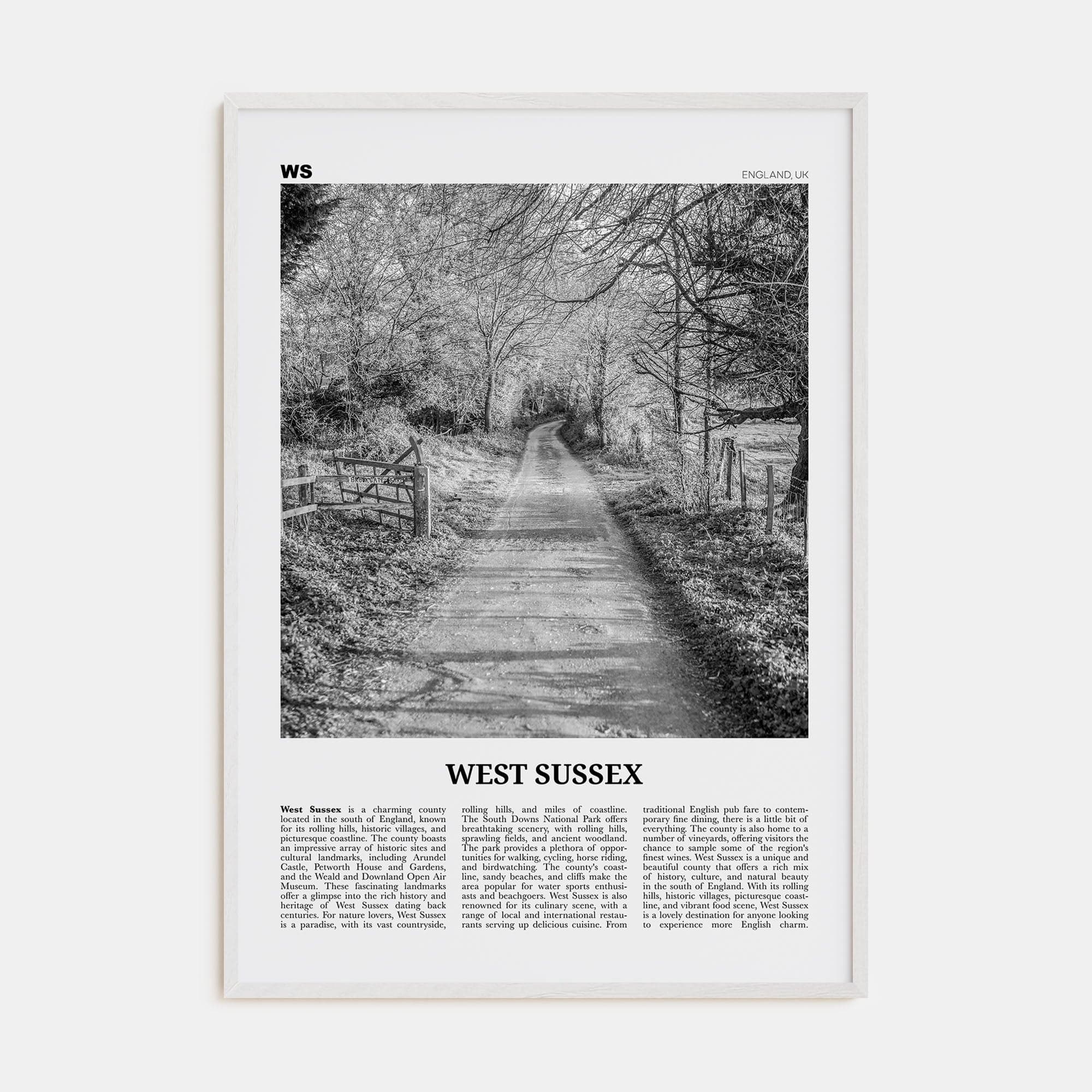 West Sussex Poster White Wood / 8x12 in Nbourhood Travel B&W Poster