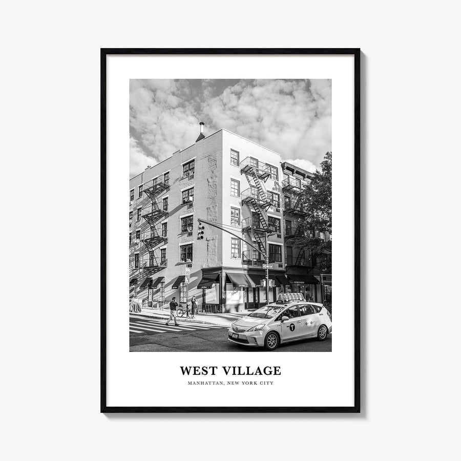 West Village black & white classic poster of Manhattan, New York City – vertical wall art, unframed print shown in interior m