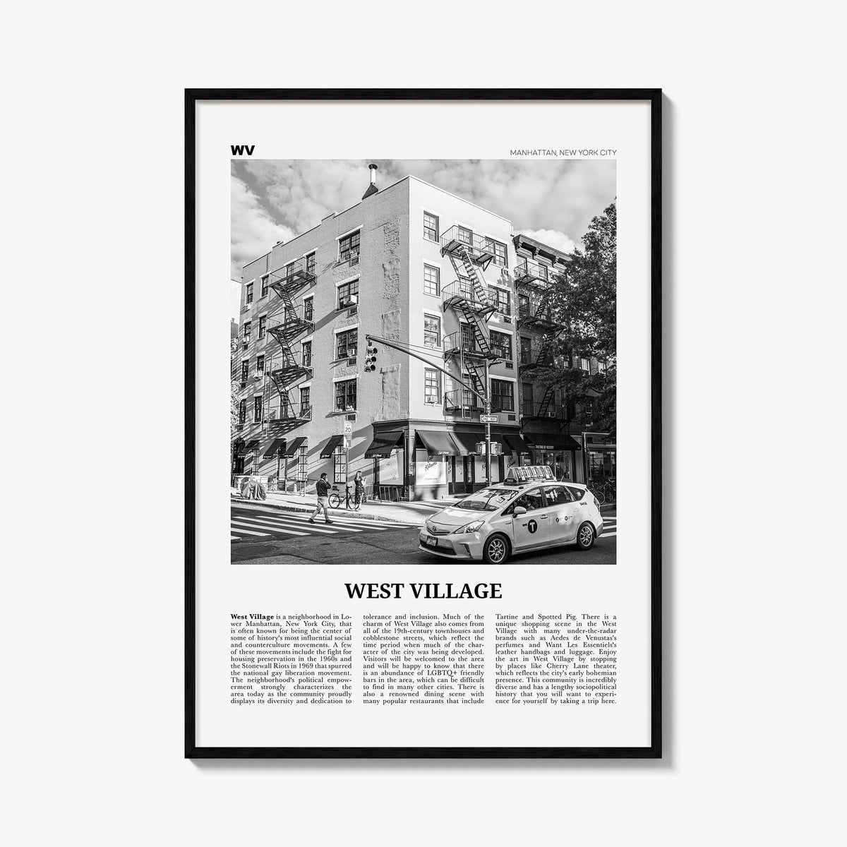 West Village black & white newspaper poster of Manhattan, New York City – vertical wall art, unframed print shown in interior