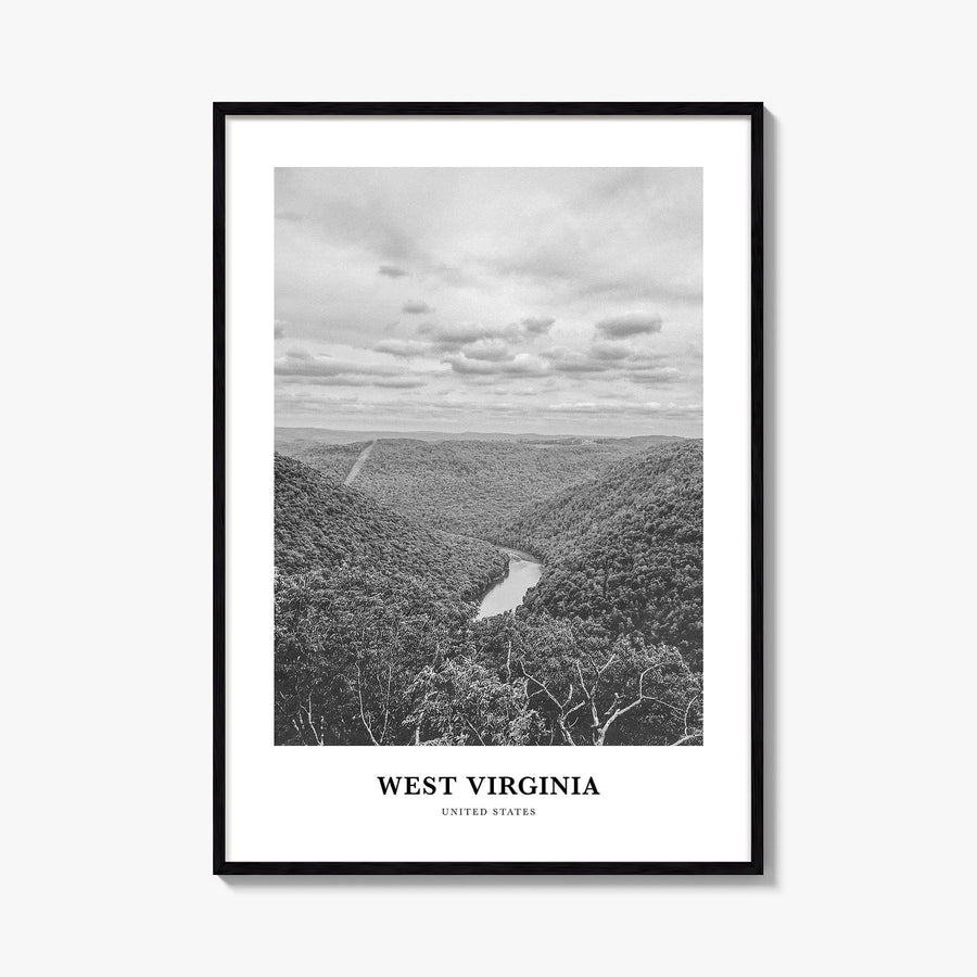 West Virginia black & white classic poster of United States – vertical wall art, unframed print shown in interior mockup