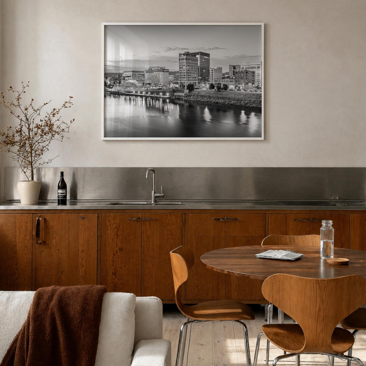 West Virginia black & white photo poster of United States – horizontal wall art in white wood frame, hanging on wall