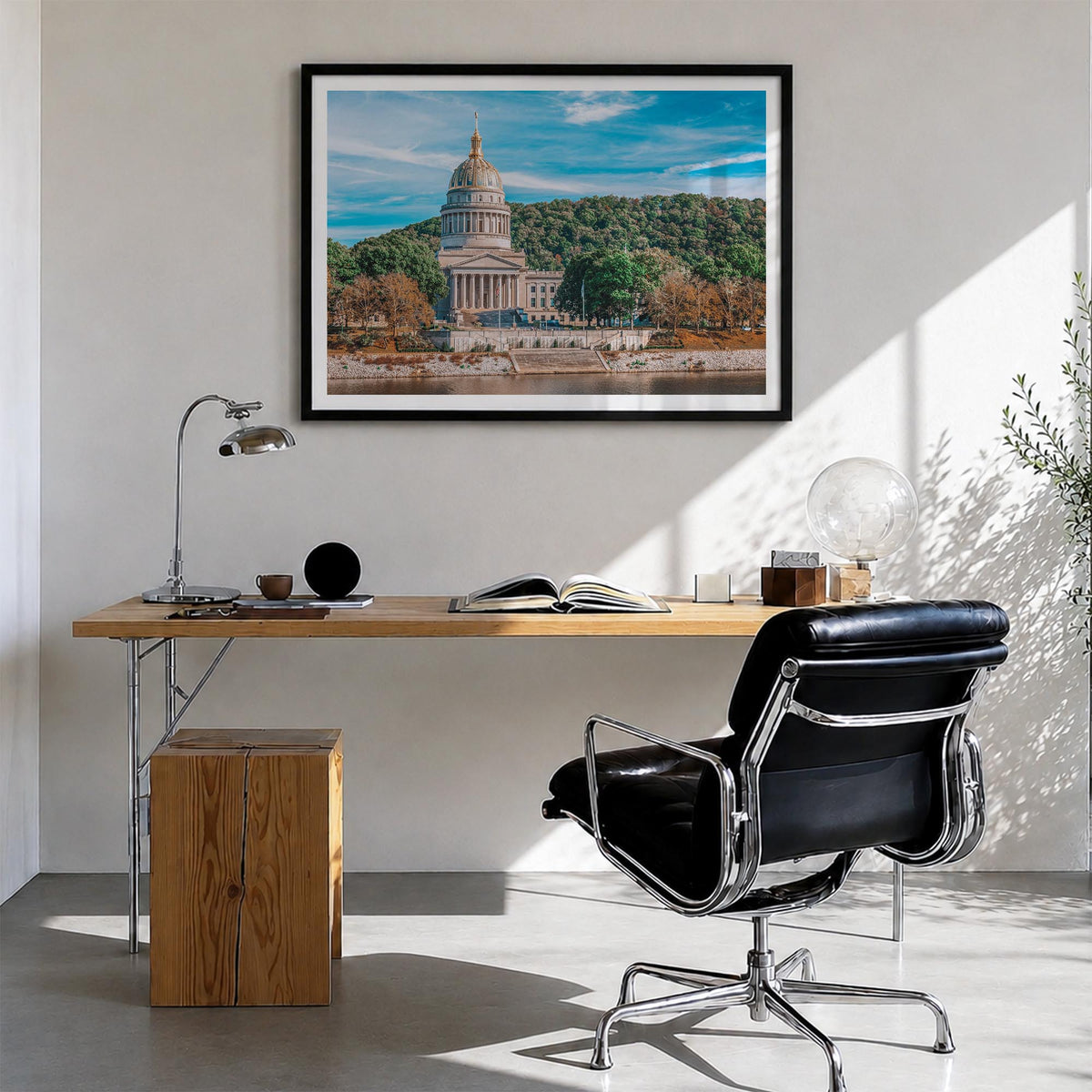 West Virginia colorful photo poster of United States – horizontal wall art in black wood frame with white border, hanging on 