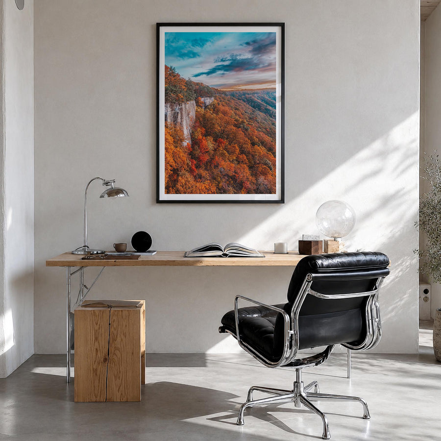 West Virginia colorful photo poster of United States – vertical wall art in black wood frame with white border, hanging on wa
