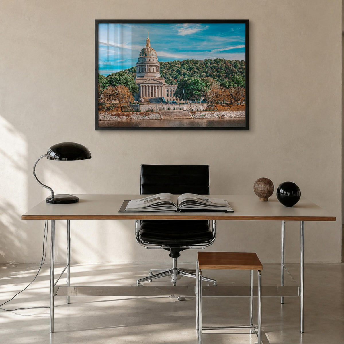 West Virginia colorful photo poster of United States – horizontal wall art in black wood frame, hanging on wall