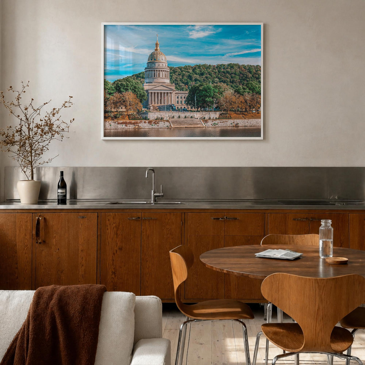 West Virginia colorful photo poster of United States – horizontal wall art in white wood frame, hanging on wall