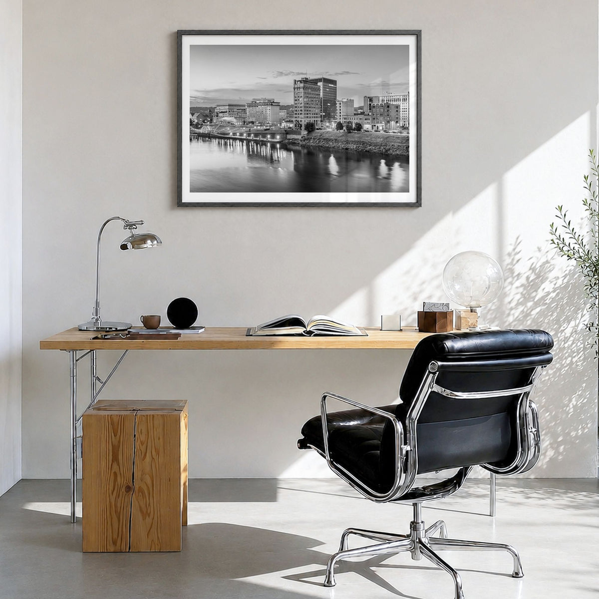 West Virginia Photo Poster in a black wood frame, hanging in a bright home office, white border