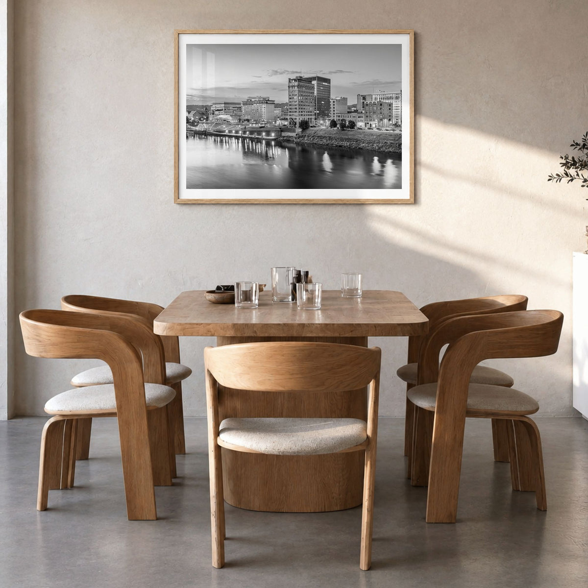West Virginia Photo Poster in a natural wood frame, hanging in a dining room, white border