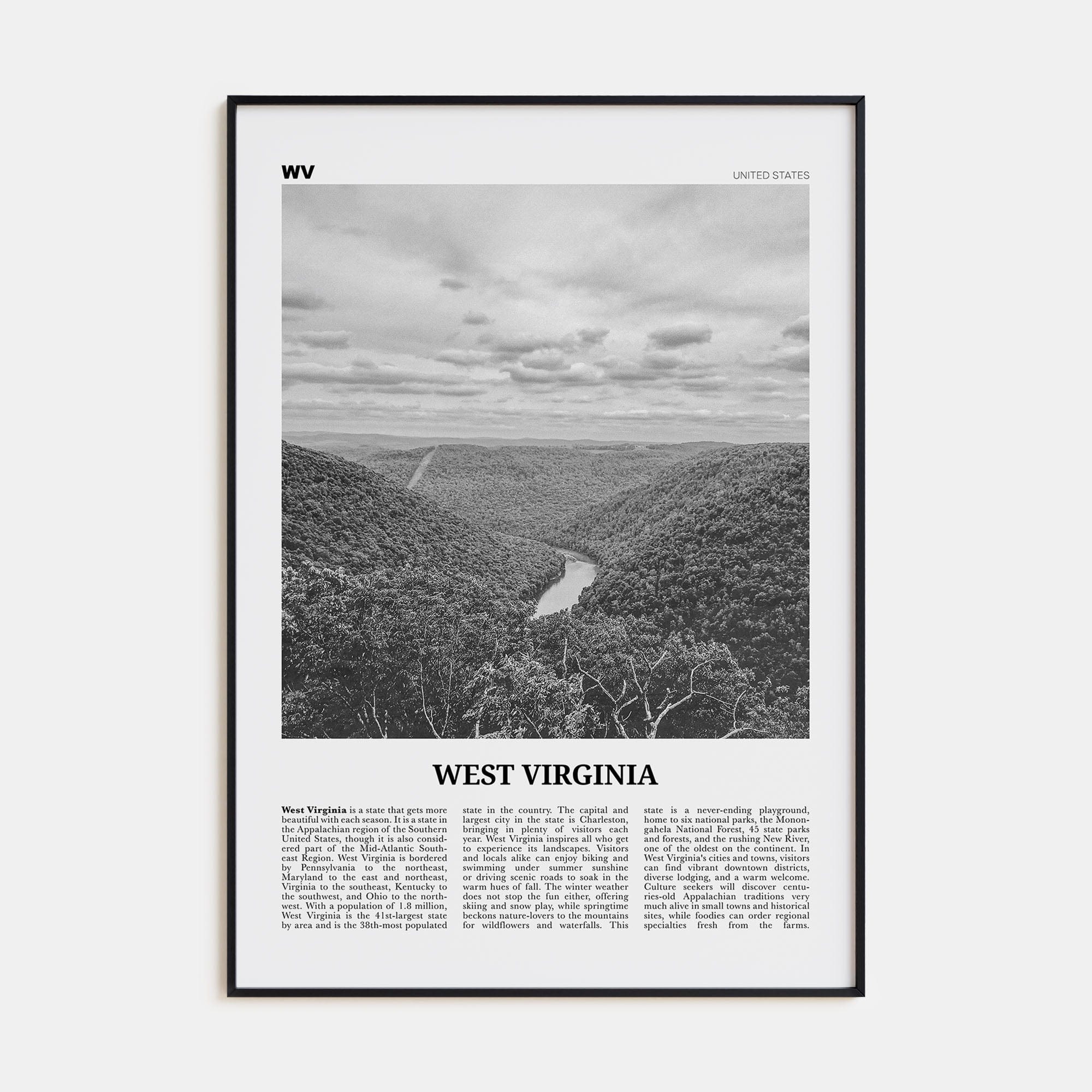 West Virginia No 1 Poster Black Metal / 8x12 in Nbourhood Travel B&W Poster