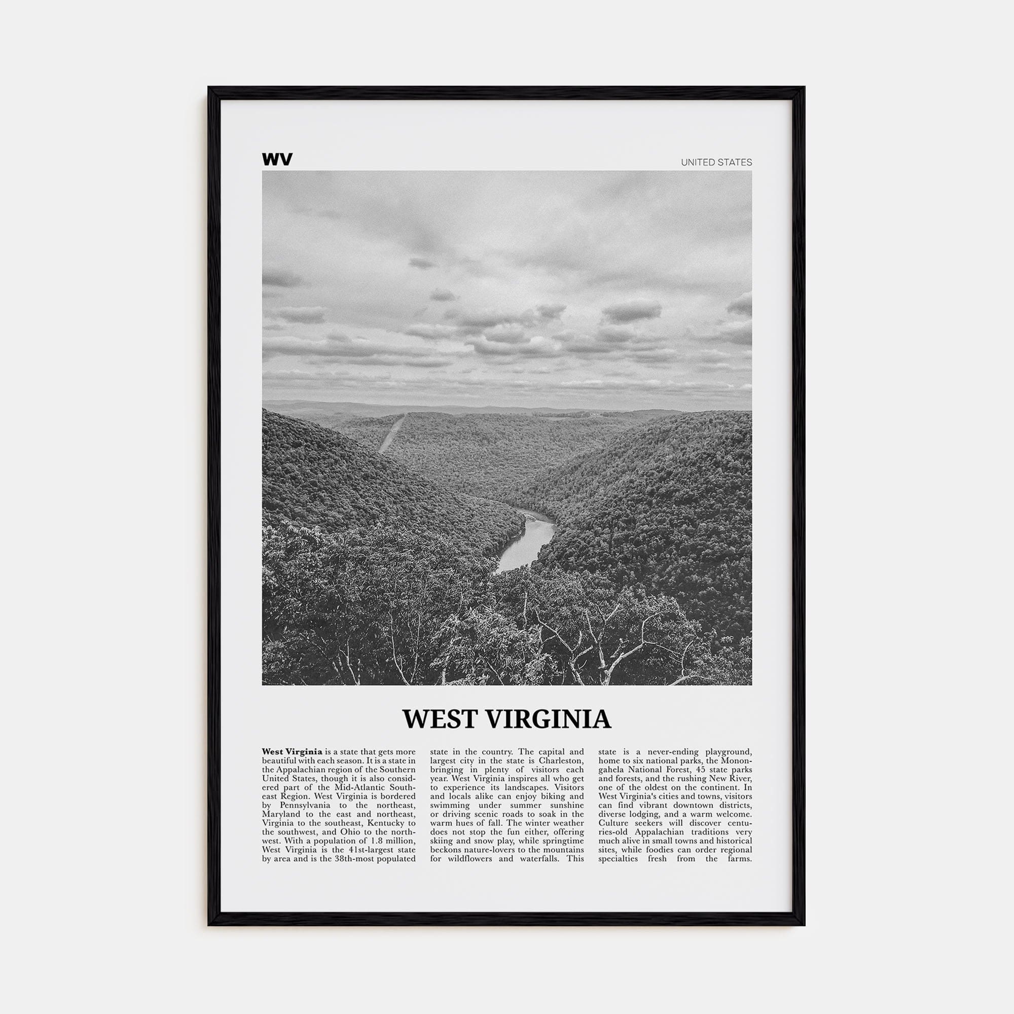 West Virginia No 1 Poster Black Wood / 8x12 in Nbourhood Travel B&W Poster