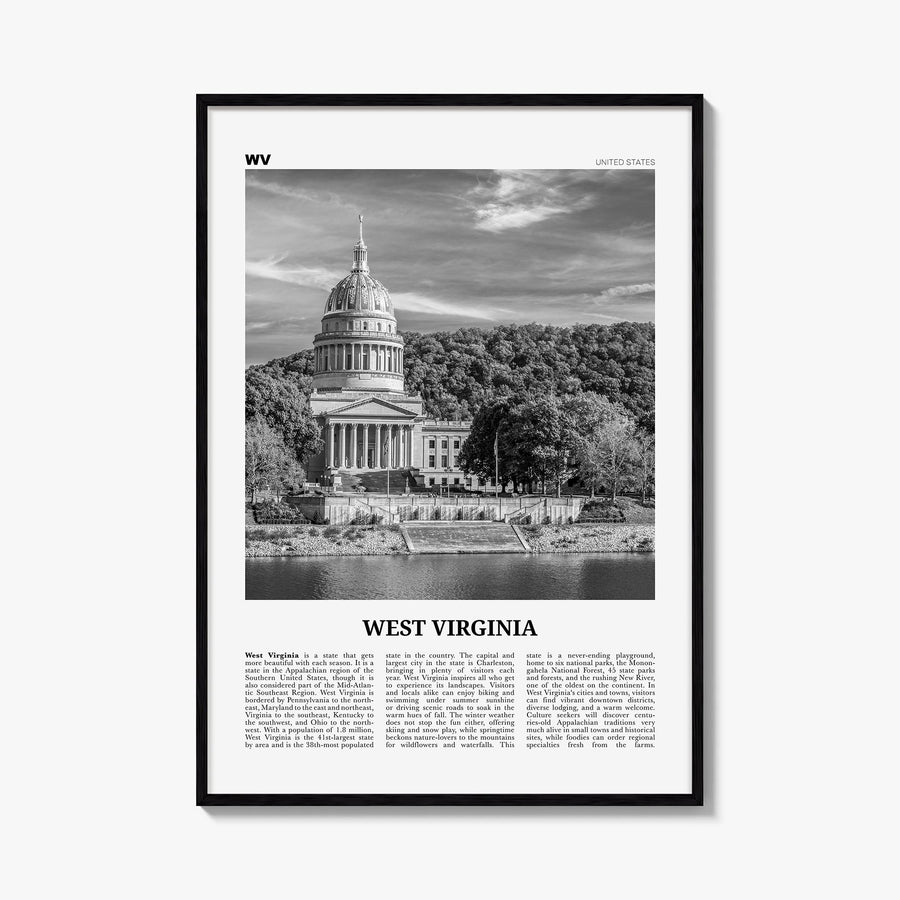West Virginia no. 2 black & white newspaper poster of United States – vertical wall art, unframed print shown in interior moc