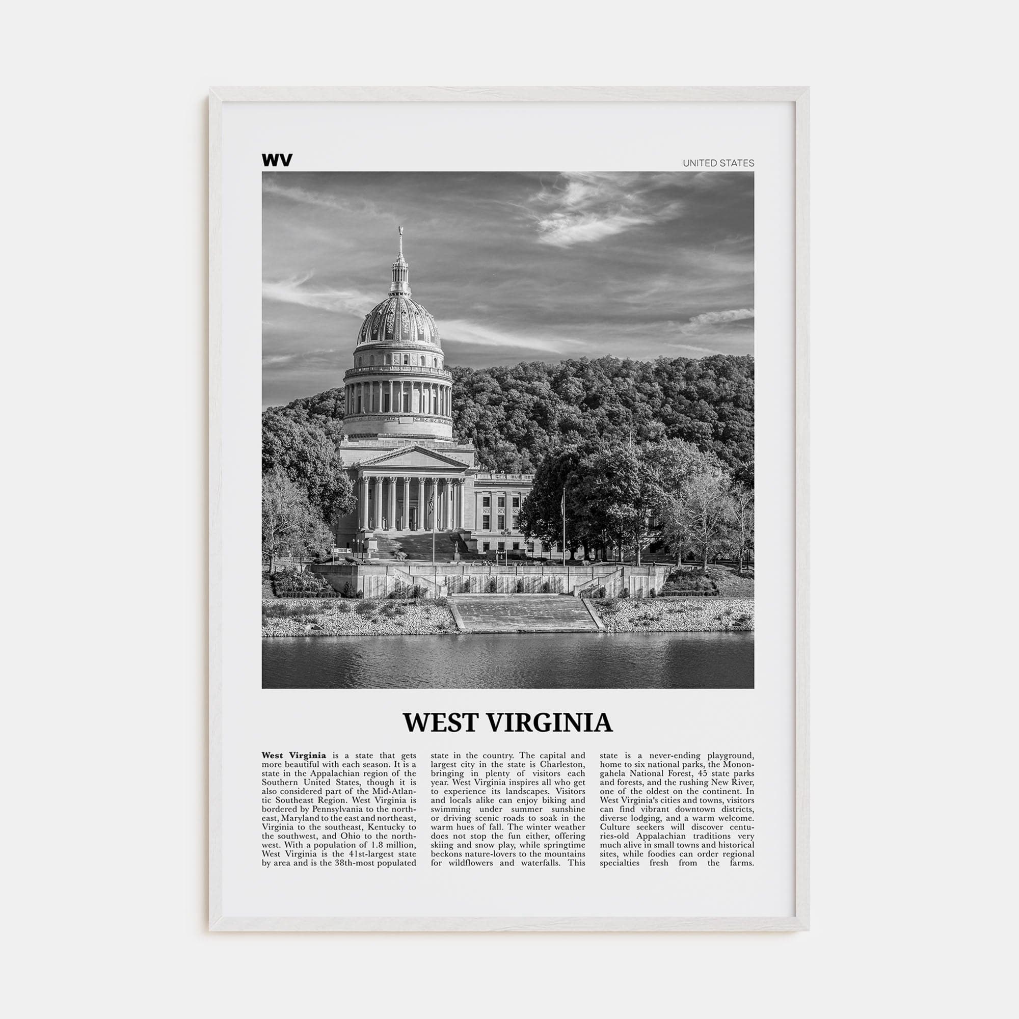 West Virginia No 2 Poster White Wood / 8x12 in Nbourhood Travel B&W Poster