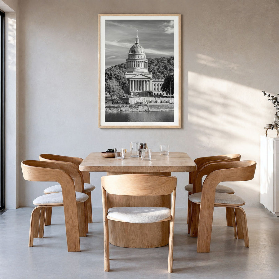 West Virginia Photo Poster in a natural wood frame, hanging in a dining room, white border