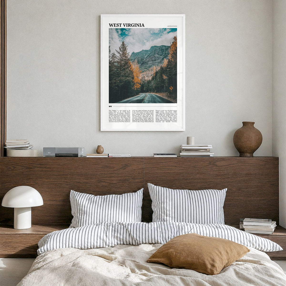 West Virginia Travel Poster in a white wood frame, hanging in a bedroom