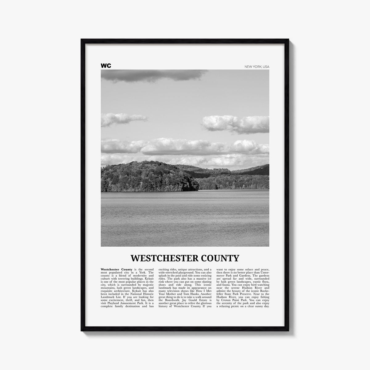 Westchester County black & white newspaper poster of New York, USA – vertical wall art, unframed print shown in interior mock