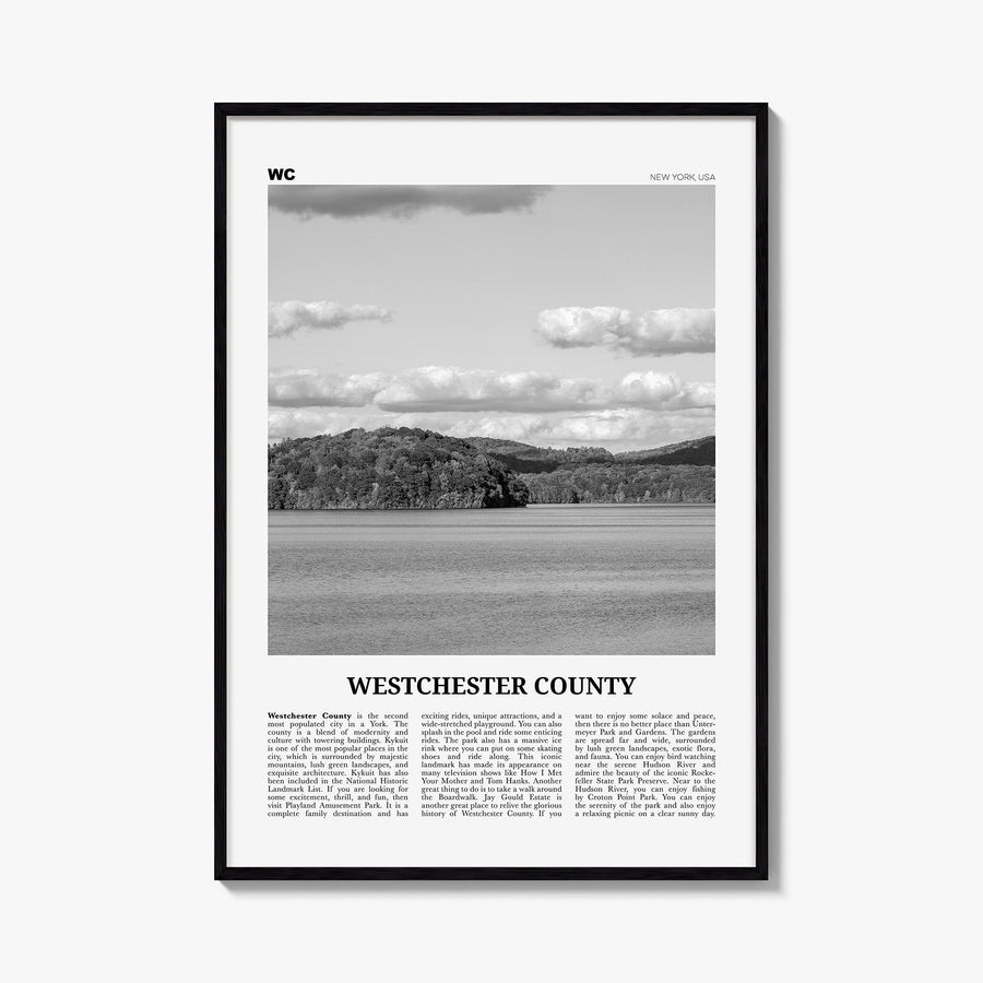 Westchester County black & white newspaper poster of New York, USA – vertical wall art, unframed print shown in interior mock