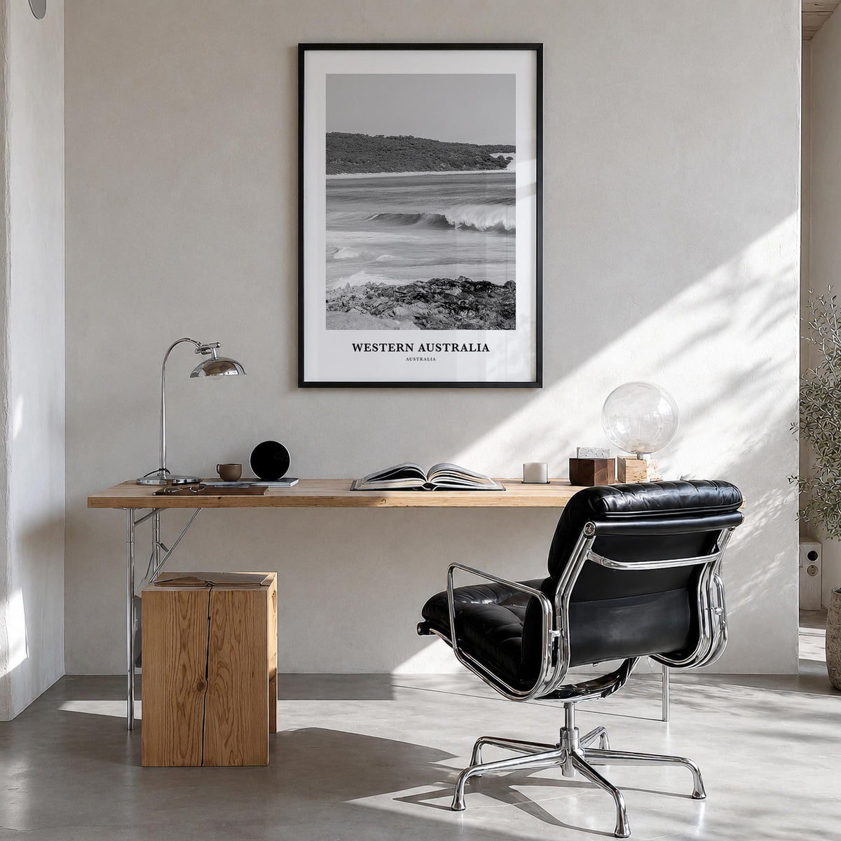 Western Australia black & white classic poster of Australia – vertical wall art in black wood frame, hanging on wall
