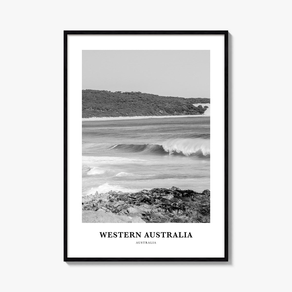 Western Australia black & white classic poster of Australia – vertical wall art, unframed print shown in interior mockup