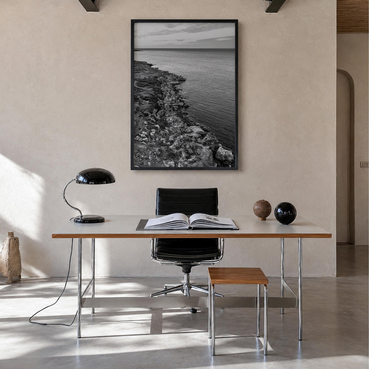 Western Australia black & white photo poster of Australia – vertical wall art in black wood frame, hanging on wall