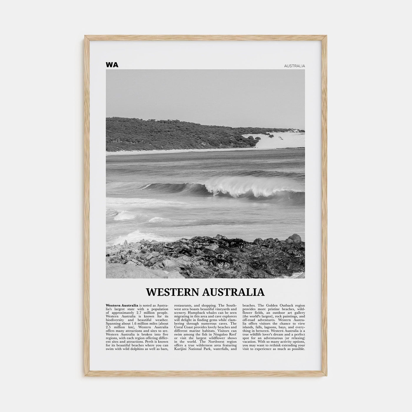 Western Australia Poster Natural Wood / 8x12 in Nbourhood Travel B&W Poster