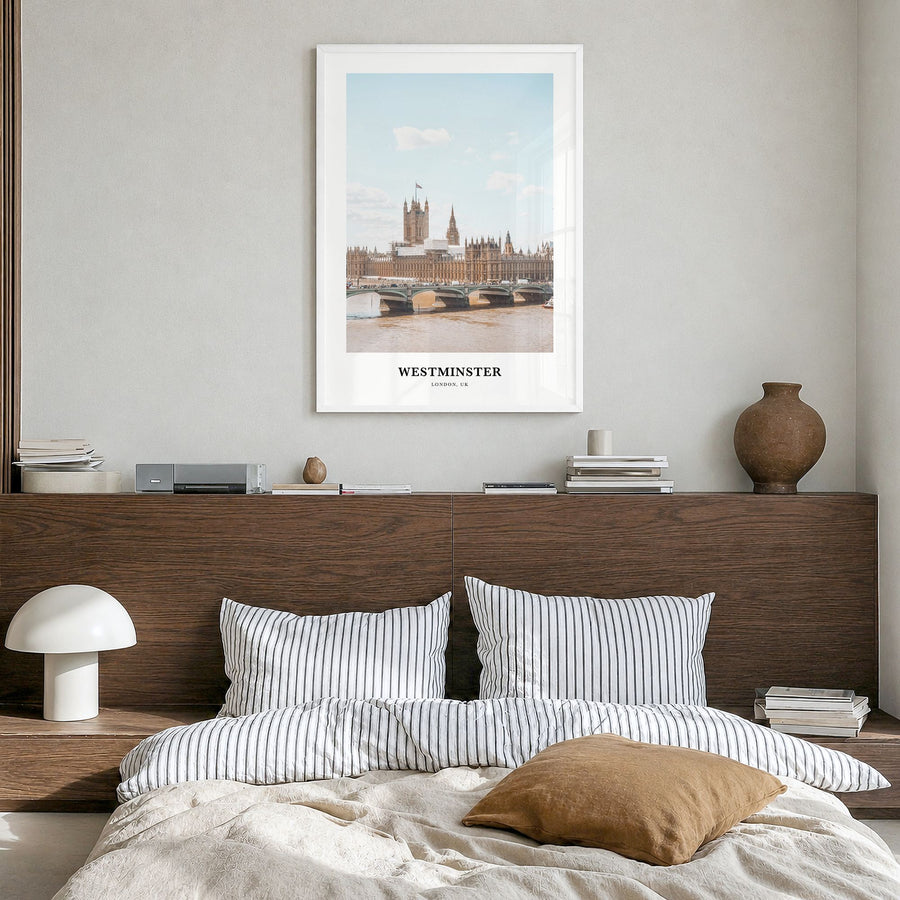 Westminster Classic Poster in a white wood frame, hanging in a bedroom