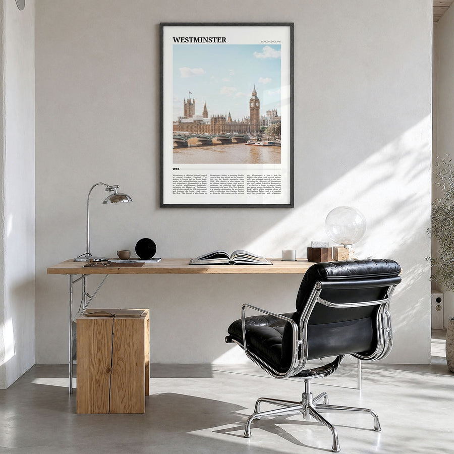 Westminster Travel Poster in a black wood frame, hanging in a bright home office