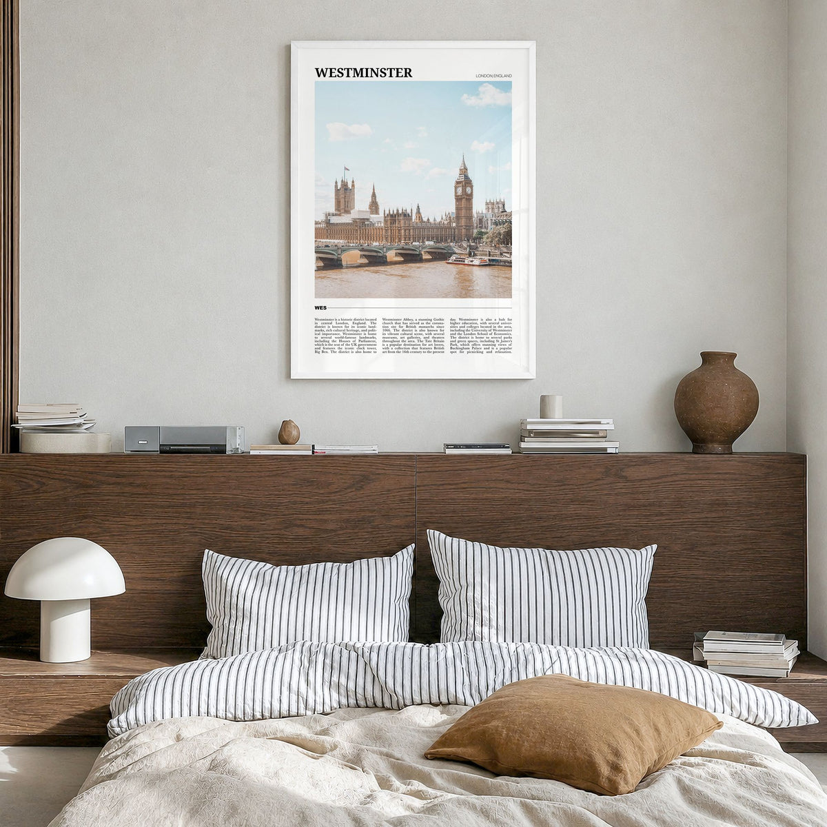 Westminster Travel Poster in a white wood frame, hanging in a bedroom