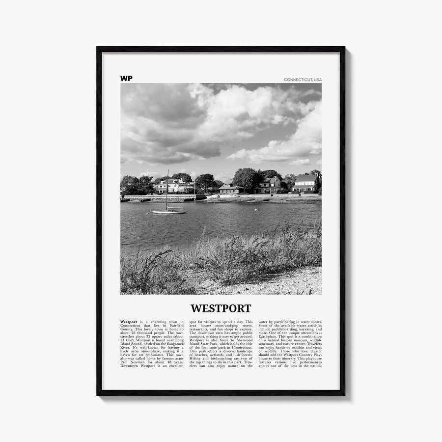 Westport, Connecticut black & white newspaper poster of Connecticut, USA – vertical wall art, unframed print shown in interio