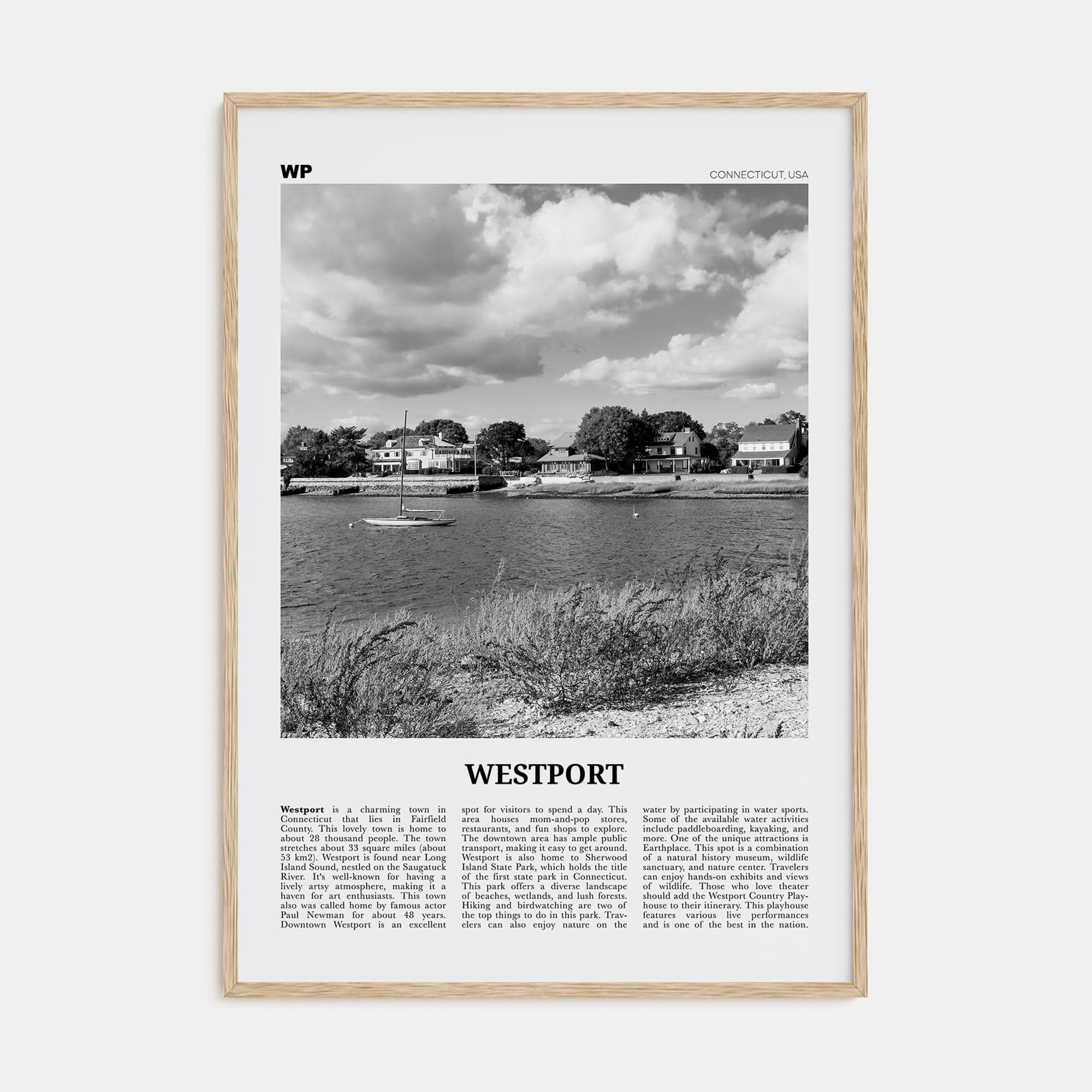 Westport, Connecticut Poster Natural Wood / 8x12 in Nbourhood Travel B&W Poster