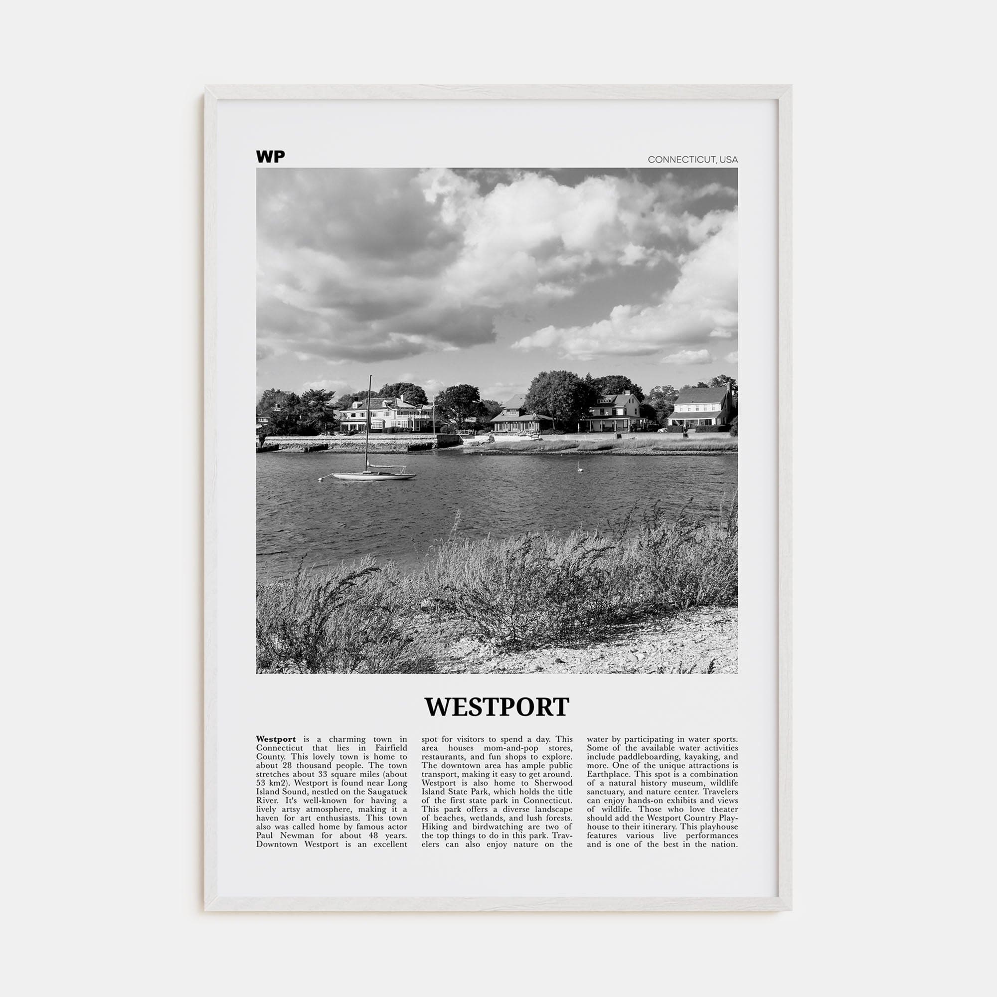 Westport, Connecticut Poster White Wood / 8x12 in Nbourhood Travel B&W Poster