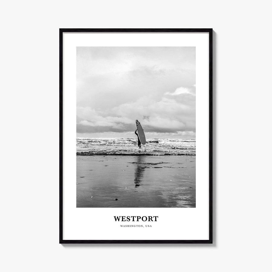 Westport, Washington black & white classic poster of Washington, USA – vertical wall art, unframed print shown in interior mo