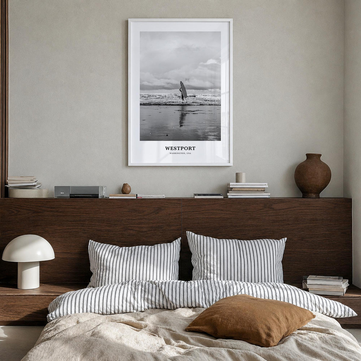 Westport, Washington black & white classic poster of Washington, USA – vertical wall art in white wood frame, hanging on wall