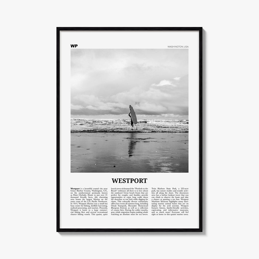 Westport, Washington black & white newspaper poster of Washington, USA – vertical wall art, unframed print shown in interior 