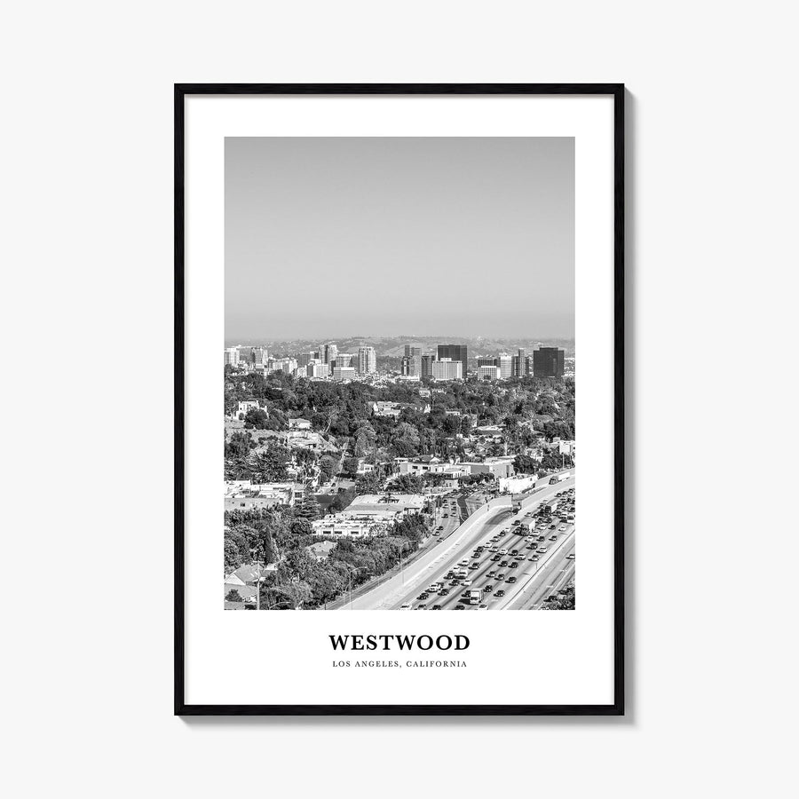 Westwood black & white classic poster of Los Angeles, California – vertical wall art, unframed print shown in interior mockup