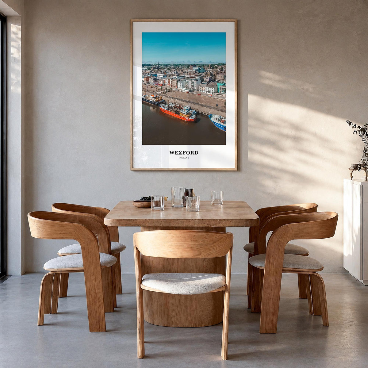 Wexford colorful classic poster of Ireland – vertical wall art in natural wood frame, hanging on wall