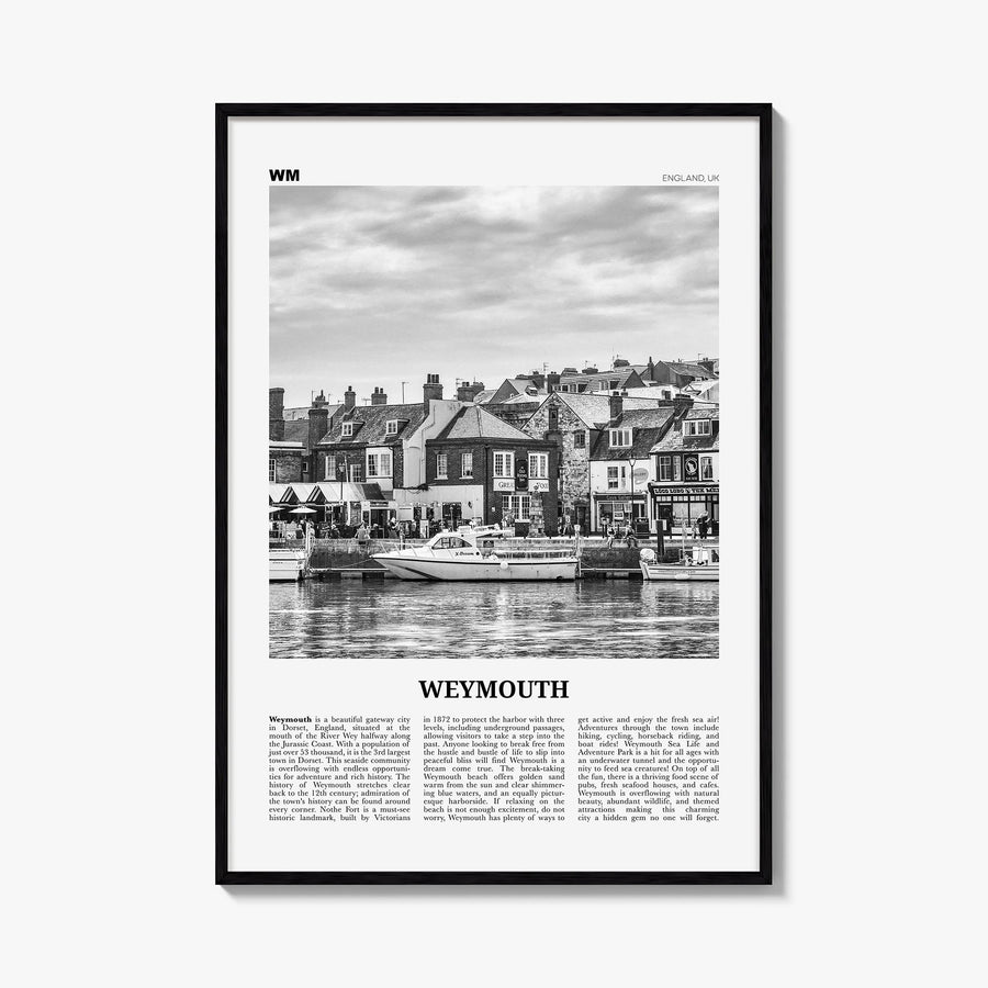 Weymouth black & white newspaper poster of Massachusetts, USA – vertical wall art, unframed print shown in interior mockup