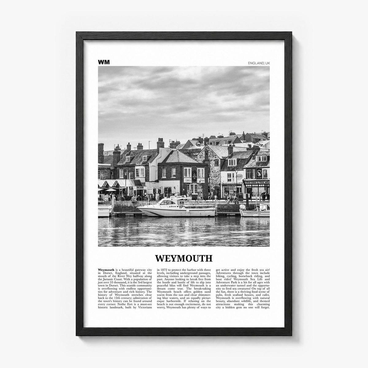 Weymouth Newspaper Poster in a black wood frame