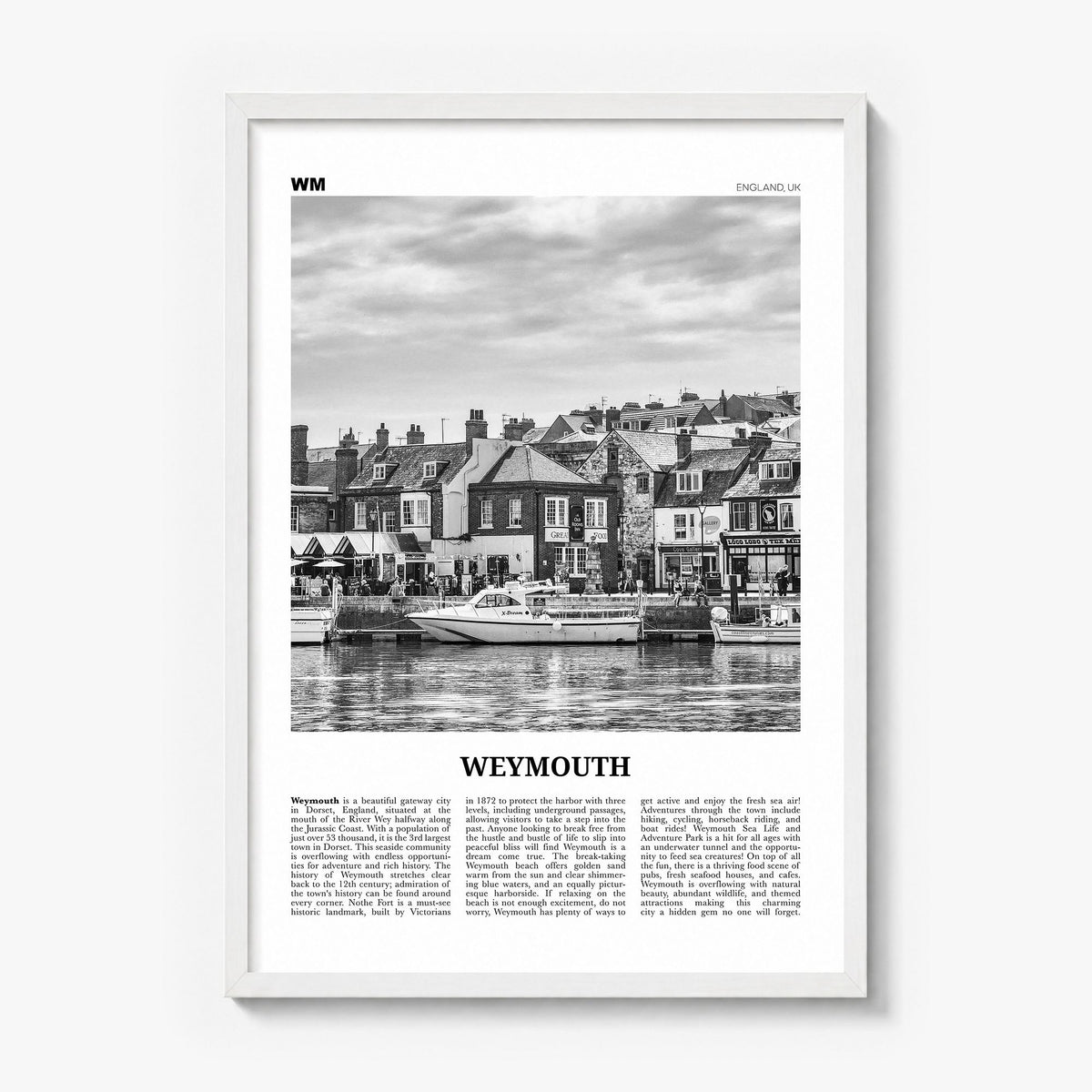 Weymouth Newspaper Poster in a white wood frame