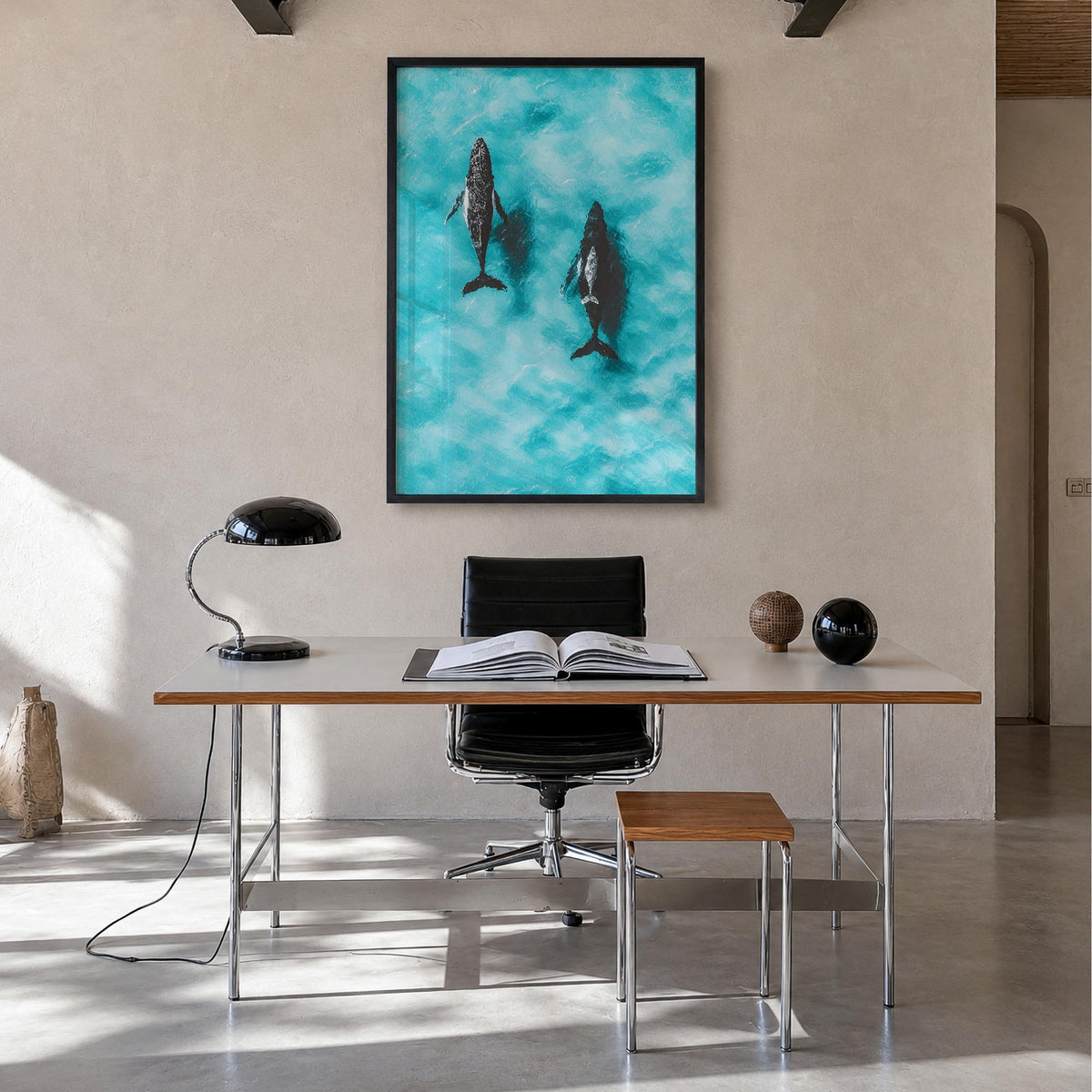 Whale no. 1 colorful photo poster – vertical wall art in black wood frame, hanging on wall