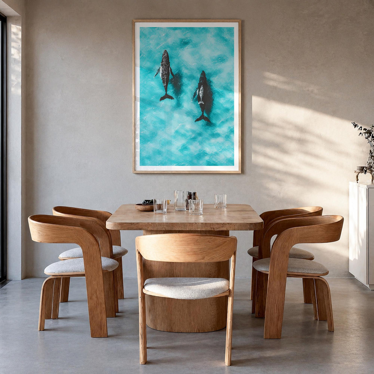 Whale no. 1 colorful photo poster – vertical wall art in natural wood frame with white border, hanging on wall