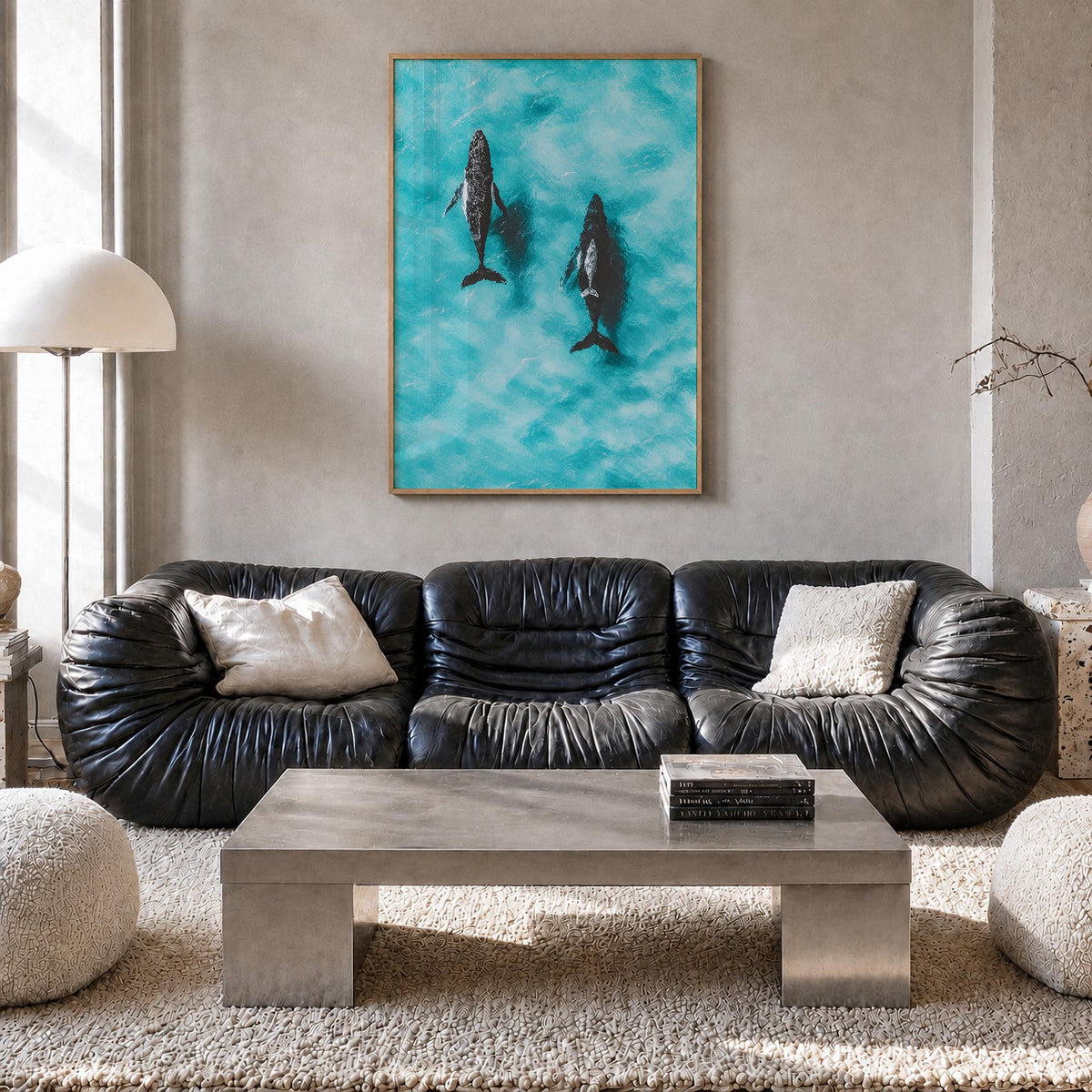 Whale no. 1 colorful photo poster – vertical wall art in natural wood frame, hanging on wall