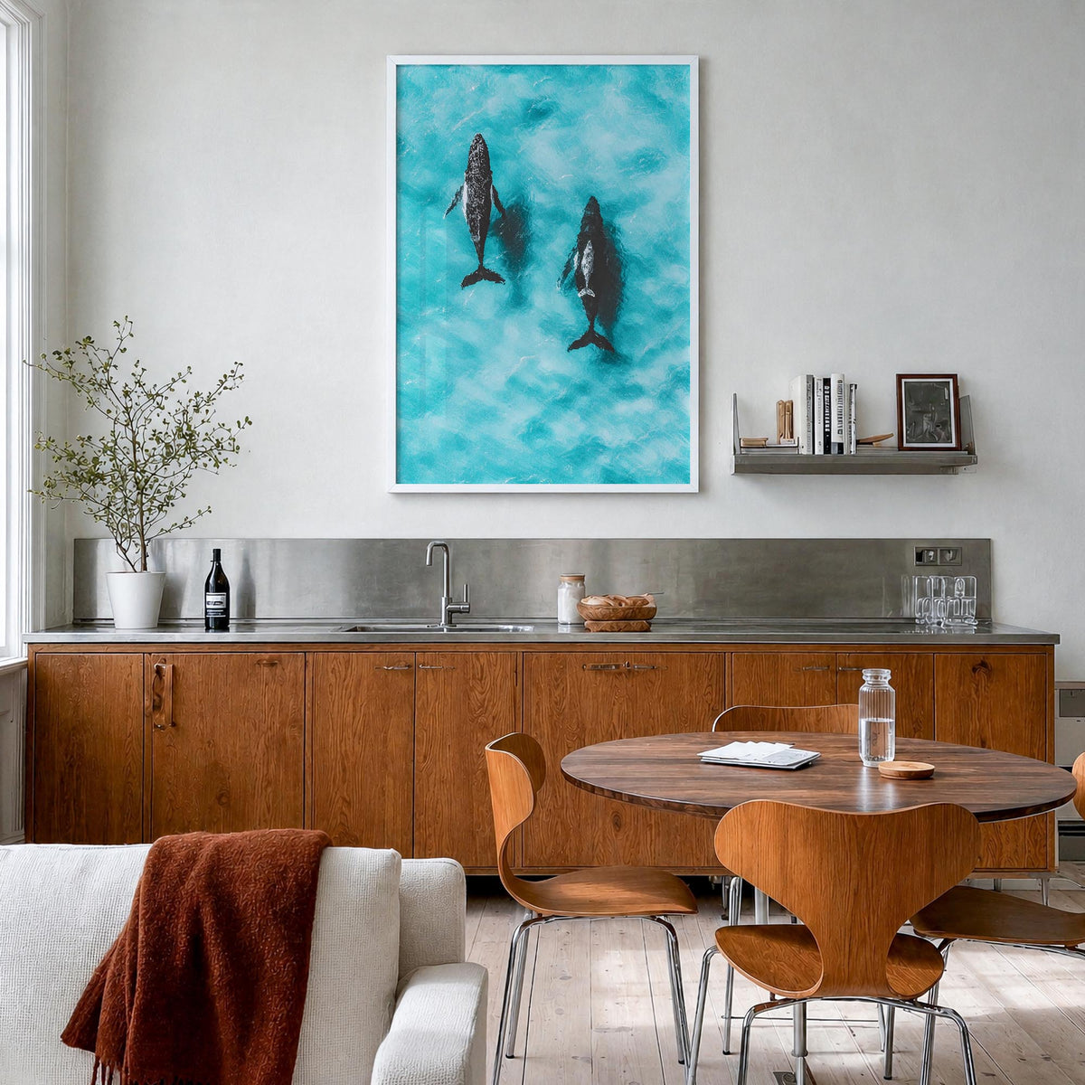 Whale no. 1 colorful photo poster – vertical wall art in white wood frame, hanging on wall