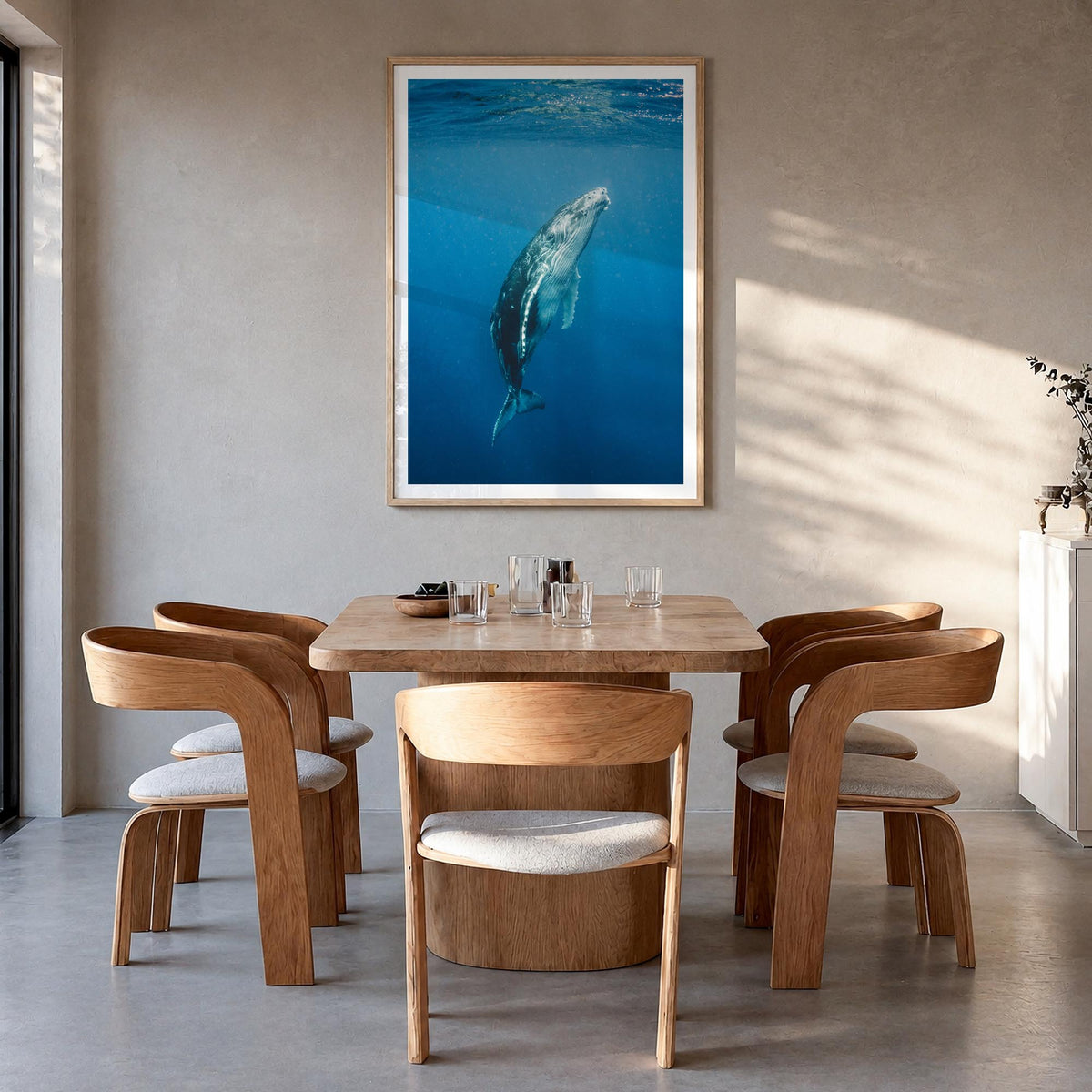 Whale no. 2 colorful photo poster – vertical wall art in natural wood frame with white border, hanging on wall