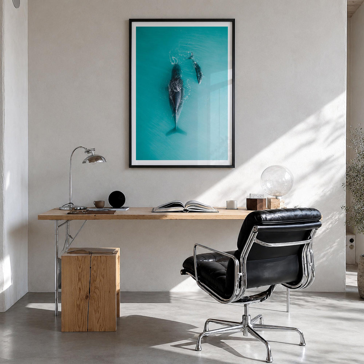 Whale no. 3 colorful photo poster – vertical wall art in black wood frame with white border, hanging on wall