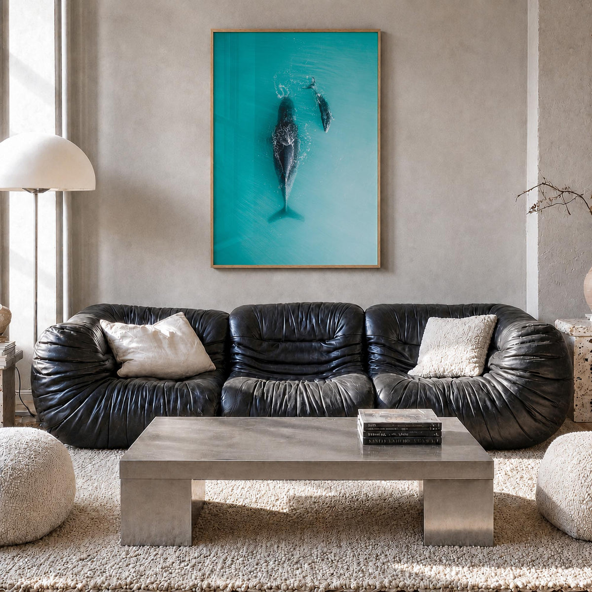 Whale no. 3 colorful photo poster – vertical wall art in natural wood frame, hanging on wall